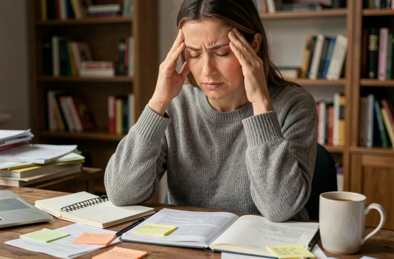Femme adulte en situation de surcharge cognitive liée au TDAH, assise à un bureau encombré, les mains sur les tempes, exprimant la frustration et la difficulté de concentration