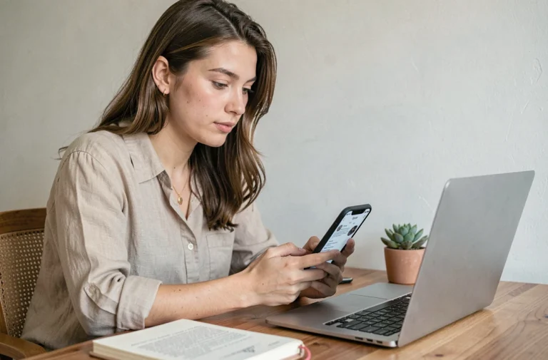 Jeune femme débutante apprenant à utiliser Instagram sur son smartphone dans un bureau à domicile