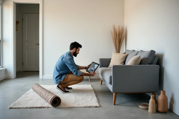 Décorateur d'intérieur comparant un rendu 3D numérique à un appartement en cours de rénovation
