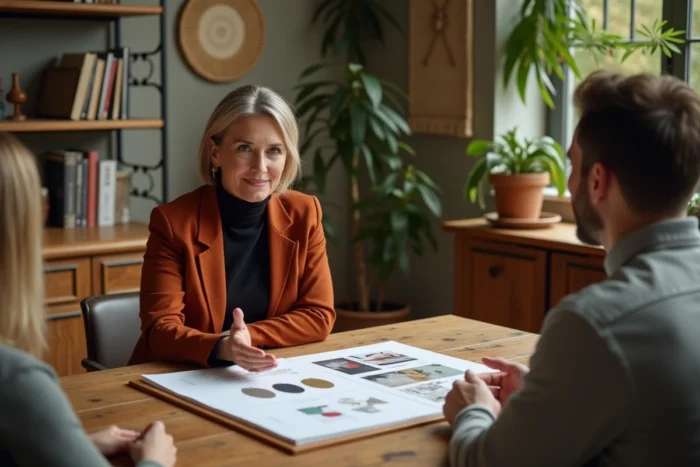 Décoratrice d'intérieur en consultation avec des clients autour d'un moodboard dans un showroom chaleureux