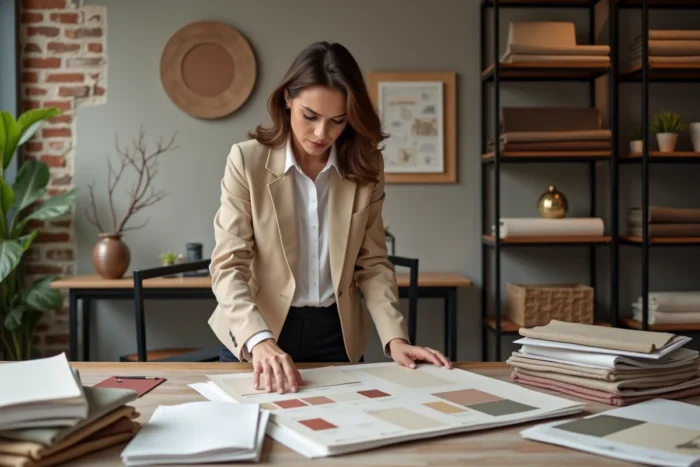 Décoratrice d'intérieur travaillant sur des échantillons de tissu et des planches de couleurs dans un studio professionnel