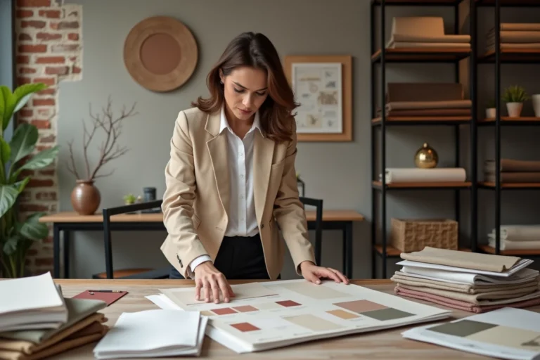 Décoratrice d'intérieur travaillant sur des échantillons de tissu et des planches de couleurs dans un studio professionnel