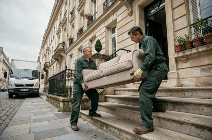 Deux déménageurs portant un canapé dans les escaliers d'un immeuble parisien le jour du déménagement