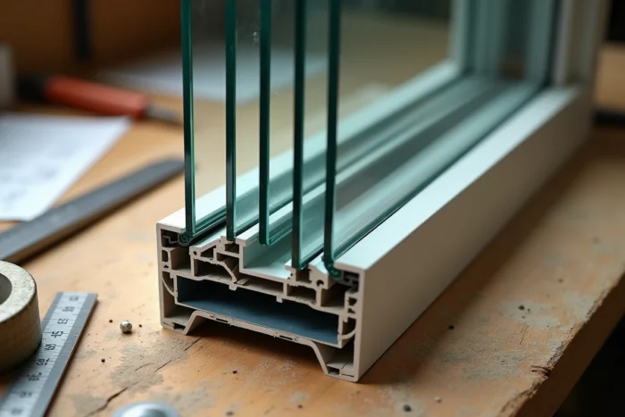 Coupe transversale d'un double vitrage posé sur un établi, montrant les couches d'isolation thermique conformes aux normes 2026