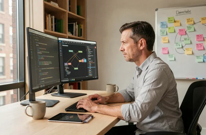 Développeur ou directeur technique travaillant sur une feuille de route de transformation numérique dans un bureau privé moderne