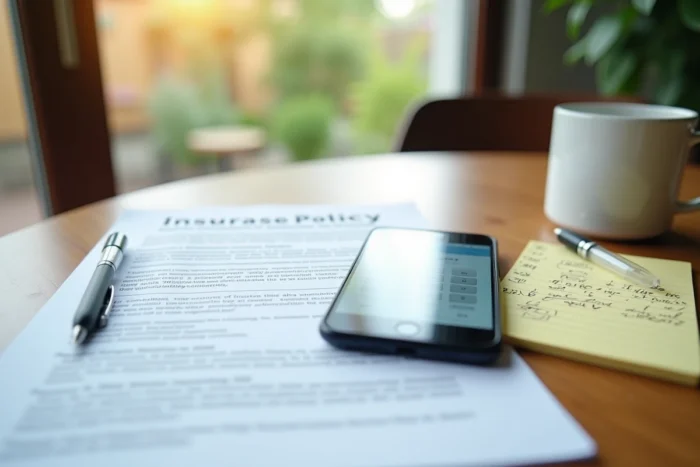 Documents d'assurance, notes manuscrites et smartphone avec calculateur de responsabilité civile sur une table