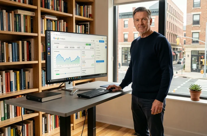 Un entrepreneur analyse les performances de son site internet professionnel depuis son bureau à domicile