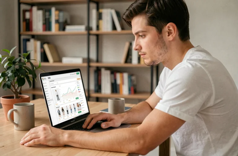 Jeune entrepreneur concentré étudiant un tableau de bord e-commerce sur son ordinateur portable dans un bureau à domicile moderne
