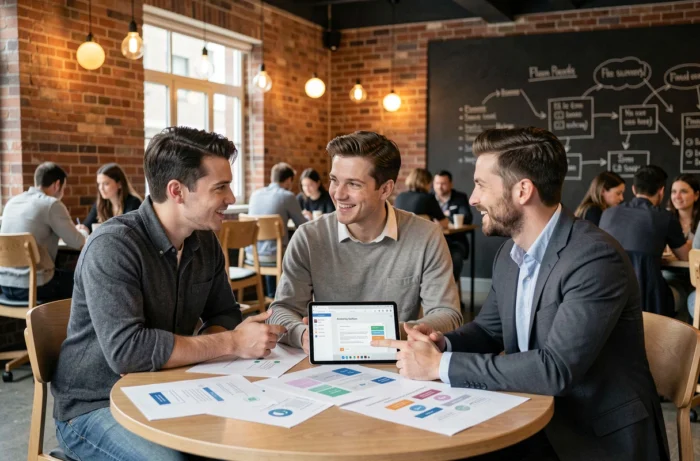 Une équipe créative collabore sur la conception d'un site internet attractif dans un espace de coworking moderne