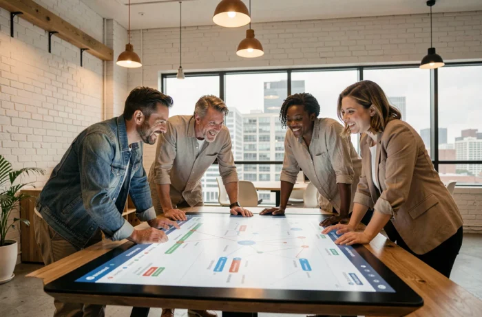 Équipe pluridisciplinaire collaborant sur un logiciel de gestion de projet innovant dans un espace de coworking moderne