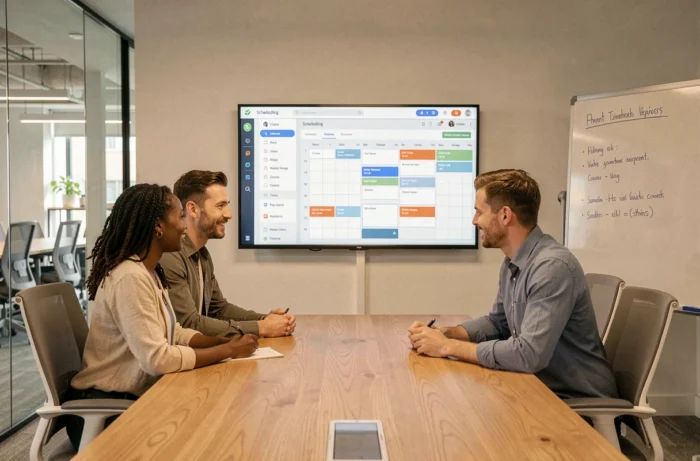 Professioneel team dat een online afsprakenplanningstabel bekijkt tijdens een vergadering in een conferentiekamer