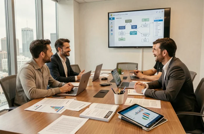 Équipe professionnelle en réunion analysant des tableaux de bord de gestion d'entreprise avec Microsoft Dynamics NAV