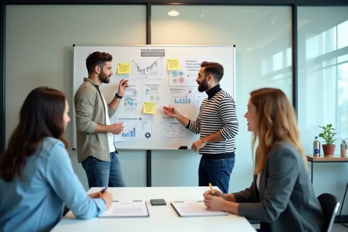 Équipe de professionnels en réunion de stratégie digitale autour d'un tableau blanc avec des métriques de marketing en ligne dans une startup moderne