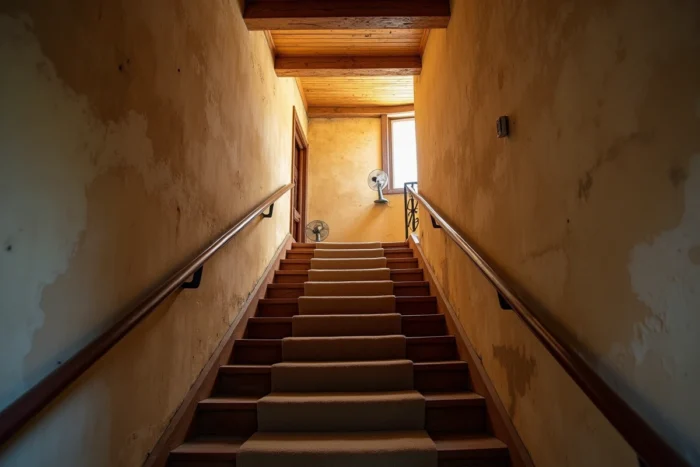 Escalier intérieur d'une maison de ville française montrant la différence de chaleur entre les étages du bas et du haut
