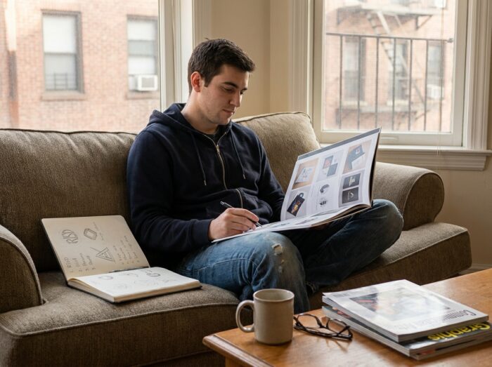 Étudiant en design graphique analysant un portfolio de formation dans son appartement