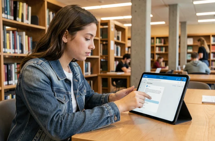 Étudiante accédant au webmail académique de Nantes sur une tablette dans une bibliothèque universitaire