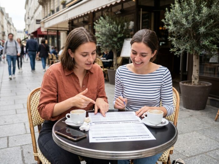 Deux étudiantes discutant du choix d'une formation en design graphique en terrasse de café