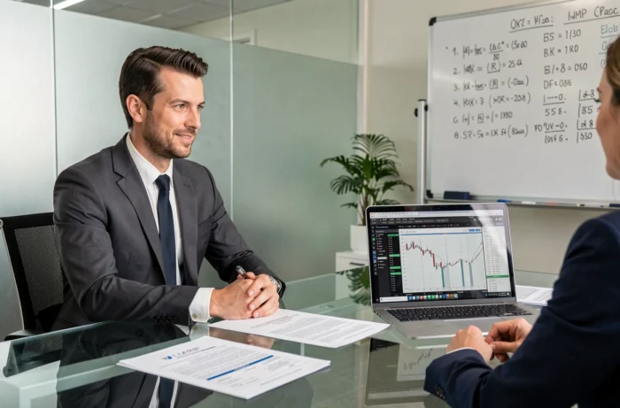 Expert-comptable spécialisé LMNP présentant un plan d'amortissement à un investisseur immobilier