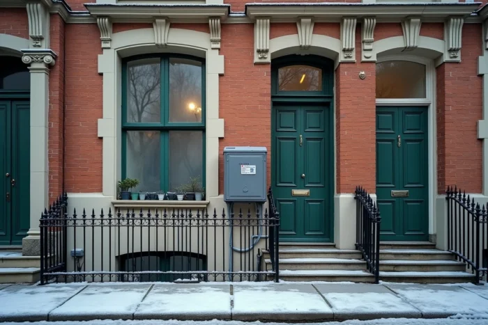 Façade d'une maison de ville bruxelloise en hiver avec compteur de gaz visible