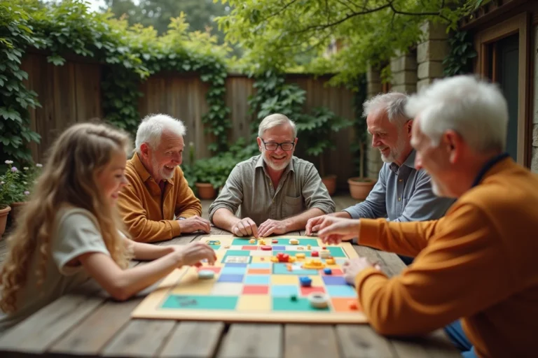 Famille multigénérationnelle jouant à un jeu de société autour d'une table en bois dans un jardin, activité loisirs en plein air
