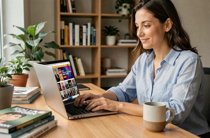 Femme consultant les dernières actualités et tendances sur un site web depuis son bureau à domicile
