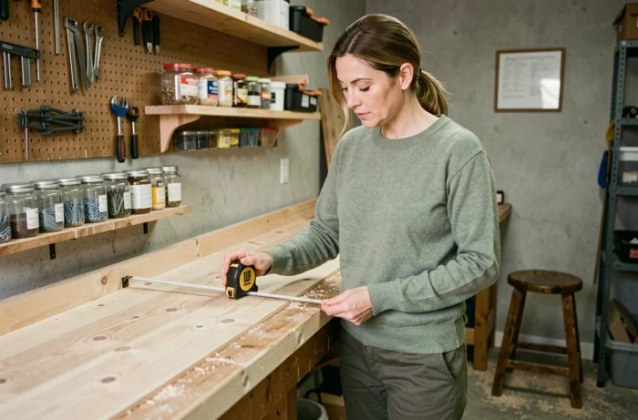 Femme mesurant une planche de bois dans un atelier de bricolage maison, astuces amélioration intérieure