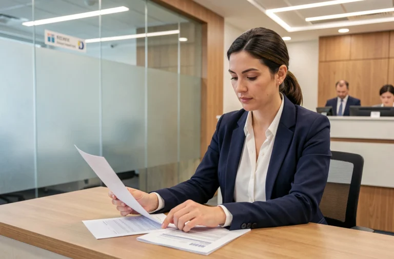 Femme banquière analysant des relevés bancaires et documents de délais de traitement dans une agence moderne