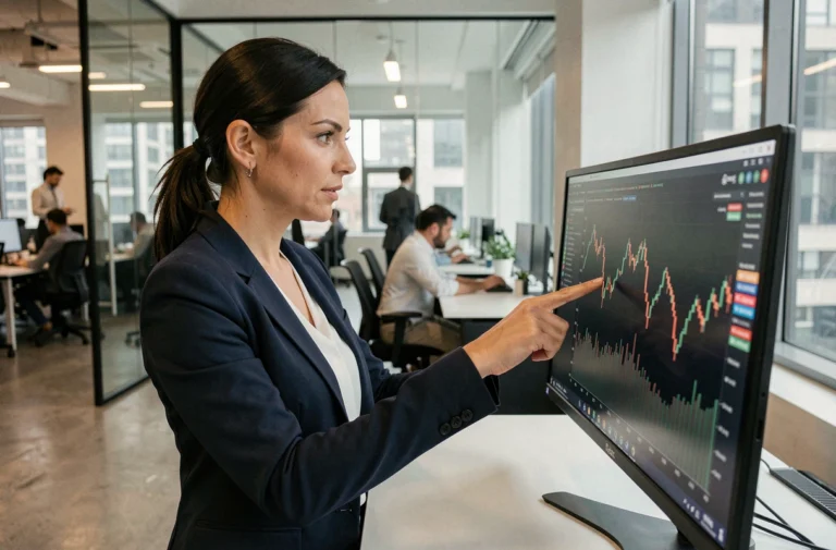 Femme cadre analysant des graphiques financiers sur un écran dans un bureau moderne