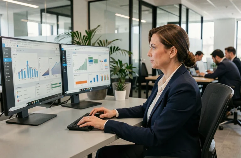 Femme cadre utilisant un logiciel ERP Microsoft Dynamics NAV sur des écrans d'ordinateur dans un bureau moderne
