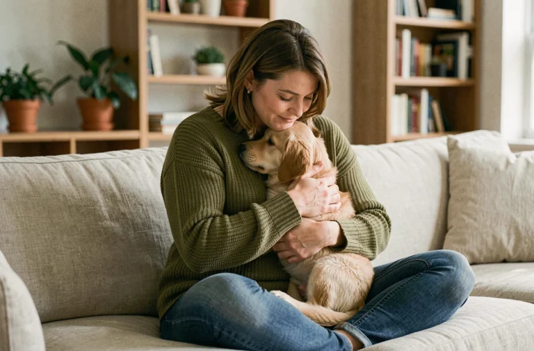 Femme tenant un chiot golden retriever dans ses bras sur un canapé en lin, illustrant le lien entre propriétaire et animal de compagnie pour une assurance animaux