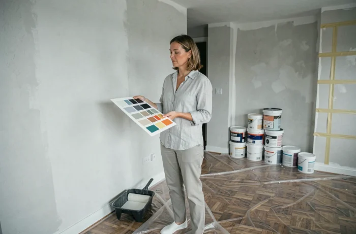 Vrouw die verfsamples vergelijkt in een gerenoveerde woonkamer met beschermde vloer en voorbehandelde muren