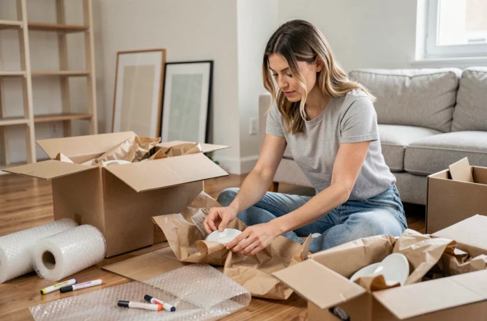 Femme emballant de la vaisselle fragile dans des cartons lors d'un déménagement dans un appartement