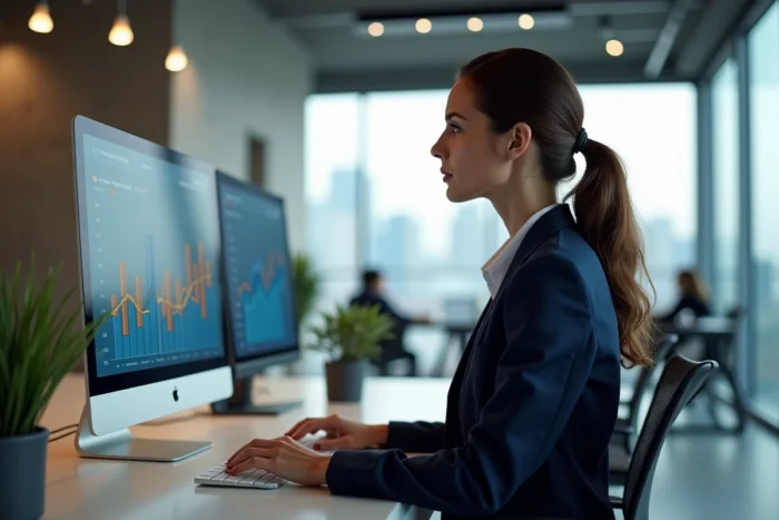 Femme entrepreneur analysant des tableaux de bord e-commerce et des tendances business en ligne sur un grand écran dans un bureau moderne