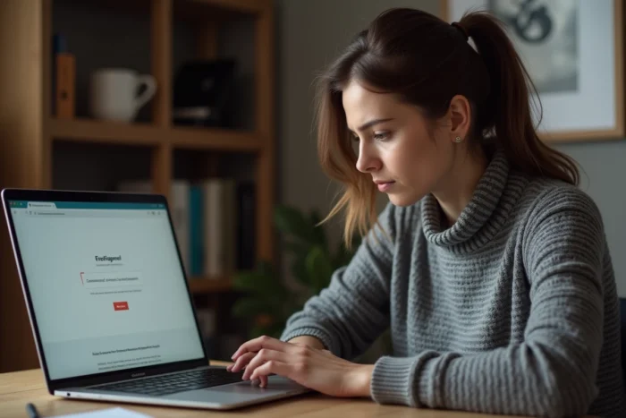 Femme frustrée devant un écran d'ordinateur affichant une erreur de connexion sur un service cloud depuis son bureau à domicile