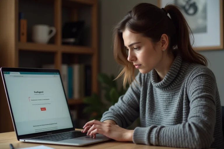 Femme frustrée devant un écran d'ordinateur affichant une erreur de connexion sur un service cloud depuis son bureau à domicile