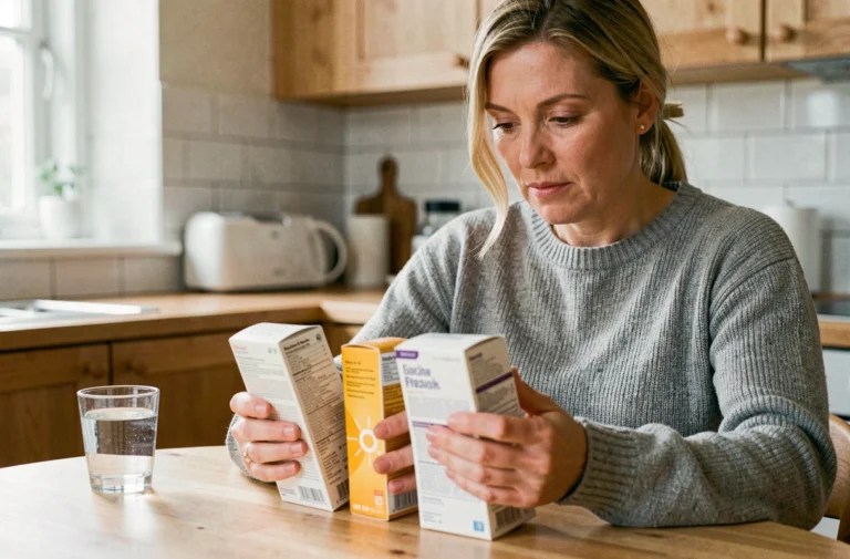 Femme lisant les notices de deux médicaments, Doliprane et Aerius, posés sur une table de cuisine en bois