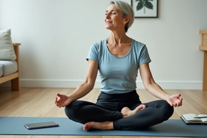 Femme en méditation sur un tapis de yoga suivant un programme quotidien pour réduire ses habitudes en 10 jours