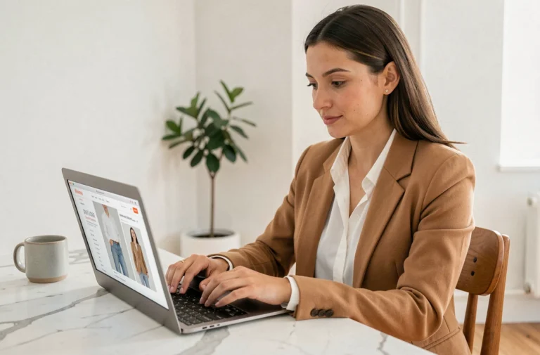Femme tendance consultant un site de vêtements en ligne sur un ordinateur portable dans un appartement moderne et minimaliste