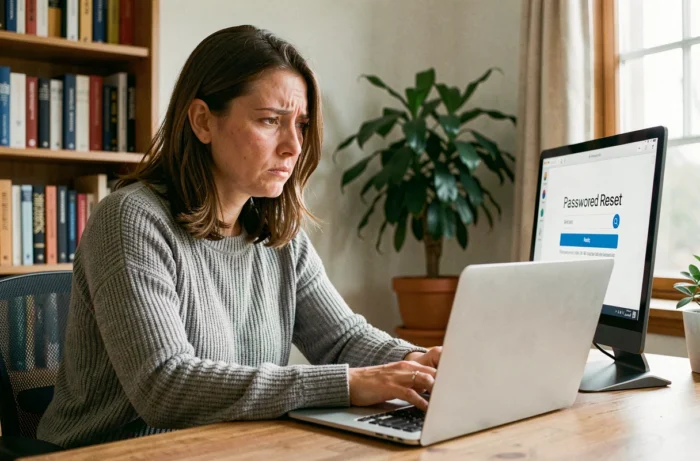 Femme frustrée devant son ordinateur portable essayant de récupérer un mot de passe oublié