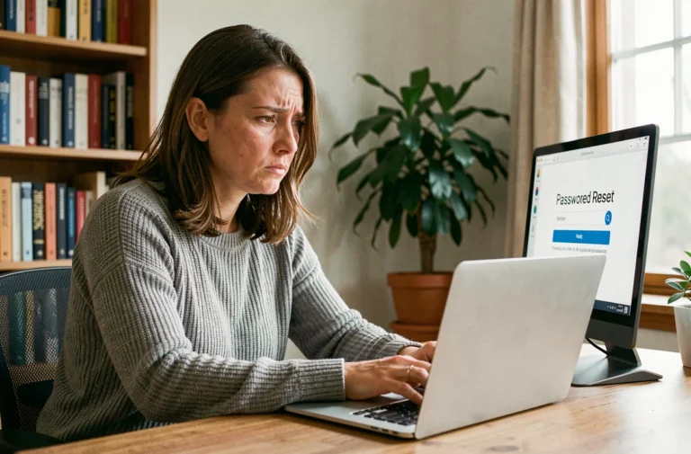 Femme frustrée devant son ordinateur portable essayant de récupérer un mot de passe oublié