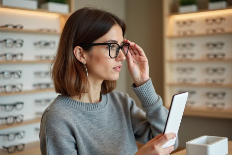 Femme essayant des lunettes chez un opticien avec le tiers payant optique