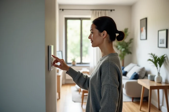 Femme utilisant un panneau de sécurité connectée installé dans le couloir de sa maison moderne