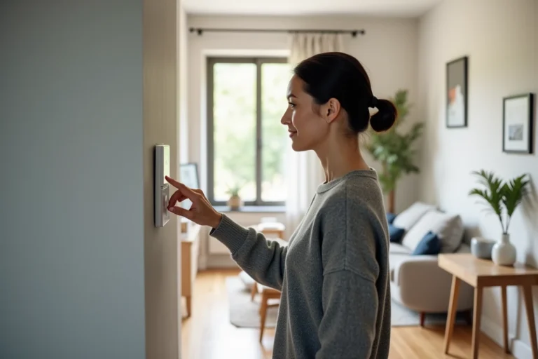 Femme utilisant un panneau de sécurité connectée installé dans le couloir de sa maison moderne