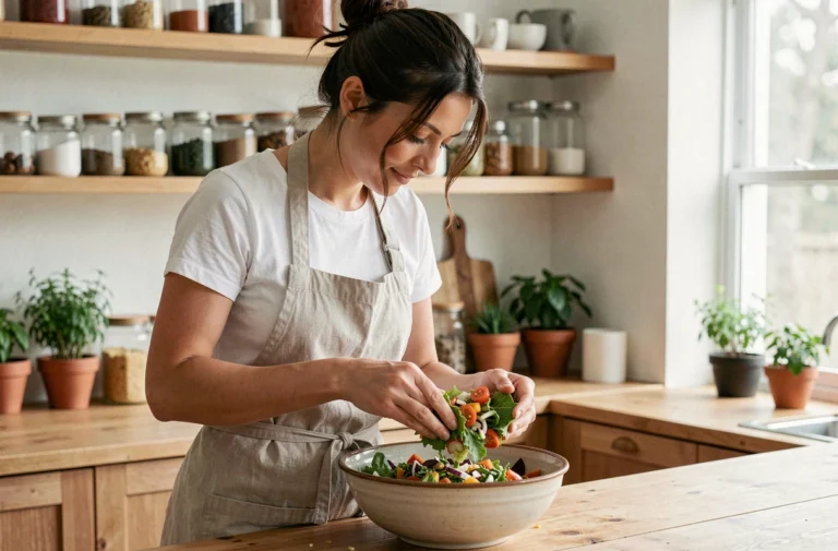 Femme préparant une salade fraîche et légère dans une cuisine naturelle aux tons chaleureux
