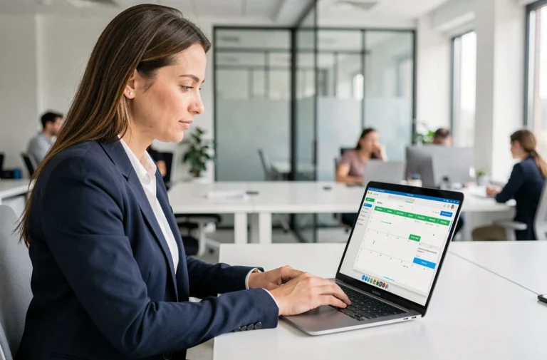 Femme professionnelle gérant ses rendez-vous en ligne sur un ordinateur portable dans un bureau moderne