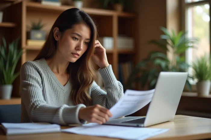 Femme consultant des documents et un ordinateur portable pour retrouver un code d'enquête Ecostart