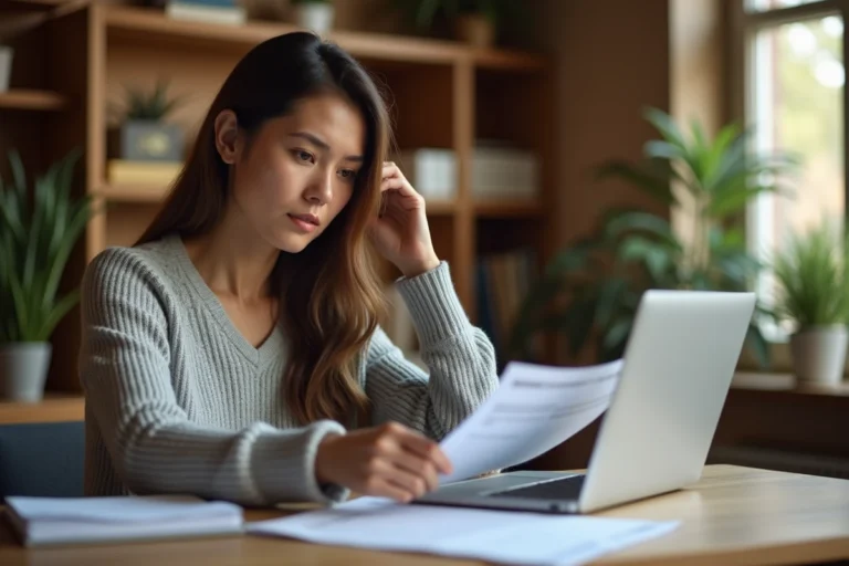 Femme consultant des documents et un ordinateur portable pour retrouver un code d'enquête Ecostart