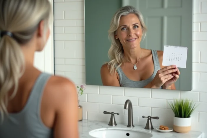 Femme quinquagénaire dans une salle de bain moderne consultant un calendrier menstruel, symbolisant le suivi du cycle en pré-ménopause