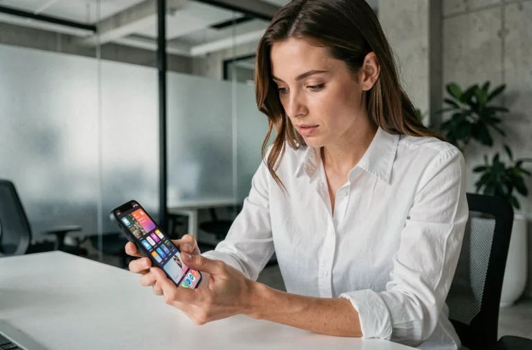 Femme utilisant un smartphone pliable dans un bureau technologique moderne en 2024