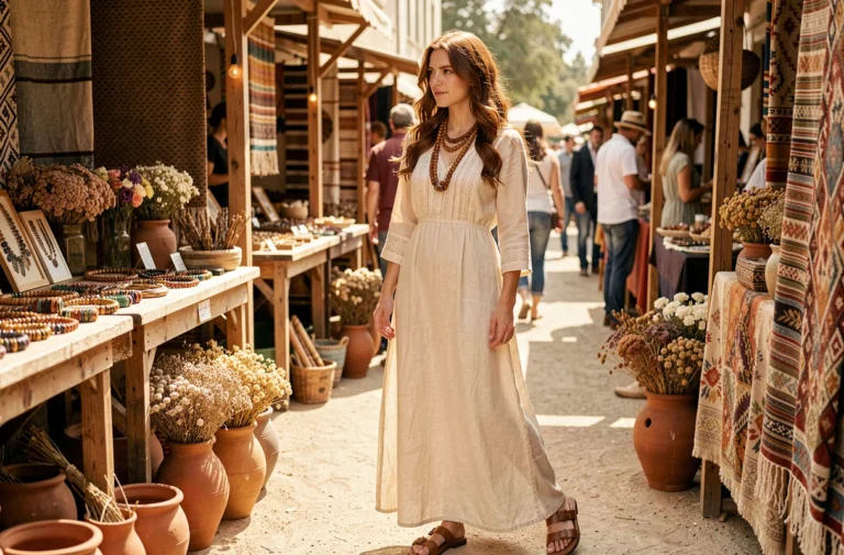 Femme en robe bohème lin crème avec broderies et sandales en cuir dans un marché artisanal coloré